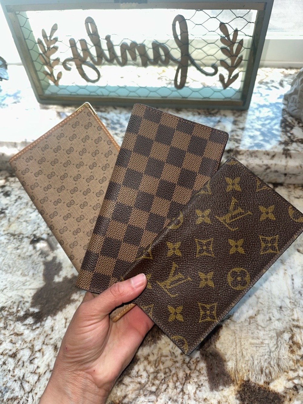 1- LV  Monogram check book holder + LV Canvas Long Wallet + Gucci long wallet